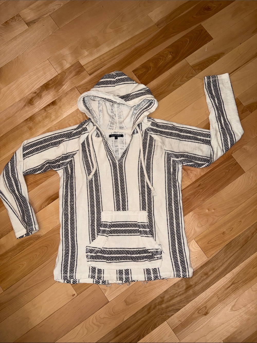Ladies white and navy Striped Hooded Baja Sweater Jacket S NWOT Raw  Hem